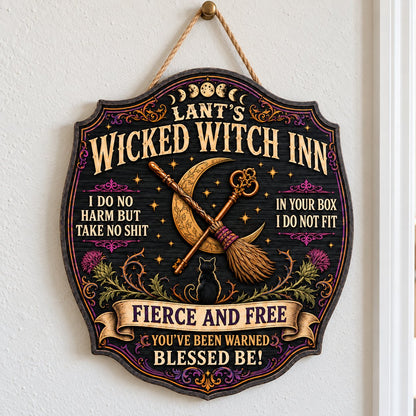Ornate wooden plaque with moon phases, crescent moon, broomstick, key, black cat, thistles and witchy quotes.