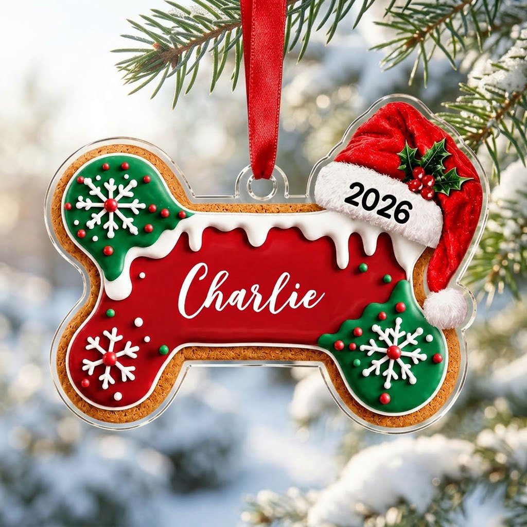 Acrylic ornament shaped like a gingerbread dog bone with Santa hat, white icing, snowflakes, and red-green sprinkles.