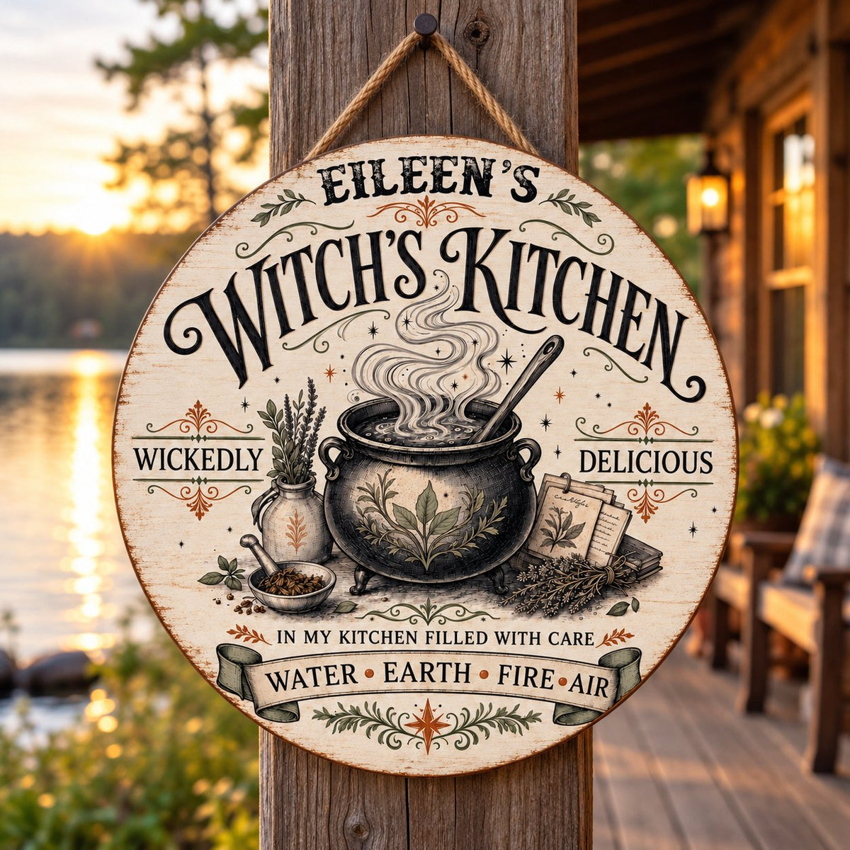 Round wooden hanging sign with a bubbling cauldron, herbs, spellbook, stars and the words Witch's Kitchen.