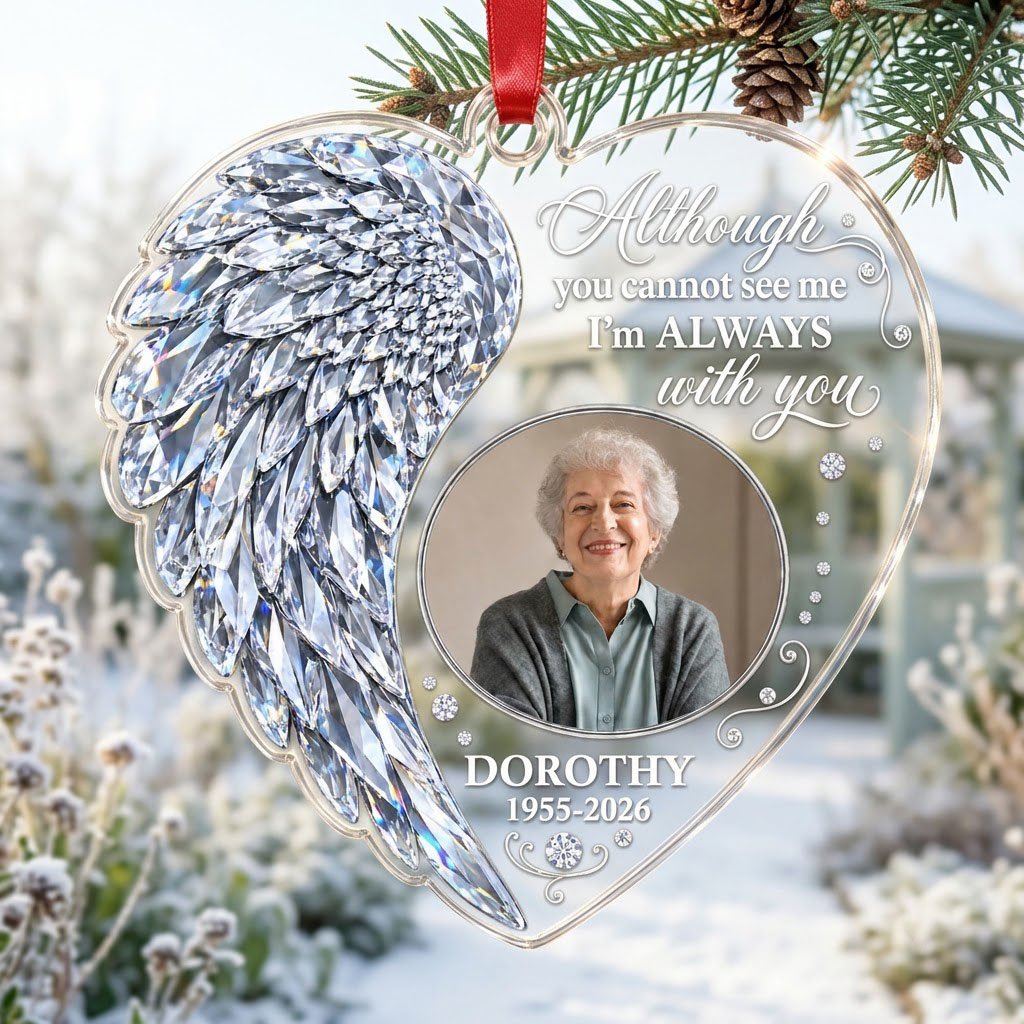 Heart-shaped clear acrylic ornament with crystal-style angel wing, round photo frame, and memorial quote