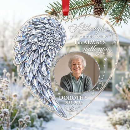 Heart-shaped clear acrylic ornament with crystal-style angel wing, round photo frame, and memorial quote