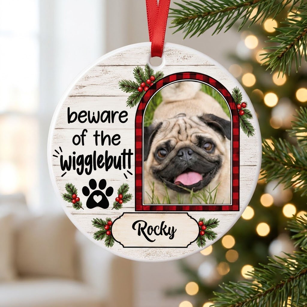 Round ceramic ornament with buffalo plaid photo frame, paw-heart, pine sprigs, and 'beware of the Wigglebutt'.