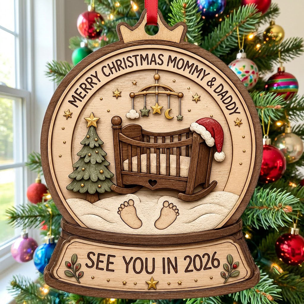 Snow globe wood ornament with crib, Santa hat, mobile, tree, footprints, and Merry Christmas Mommy & Daddy text.