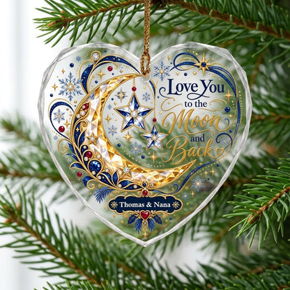 Heart glass ornament with jeweled gold crescent moon, blue hanging stars, and 'Love You to the Moon and Back' text.