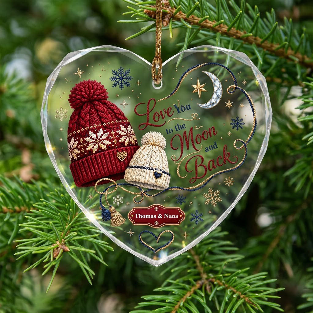 Heart glass ornament with red and cream pom-pom beanies, silver moon, gold star, and Love You Moon and Back text.
