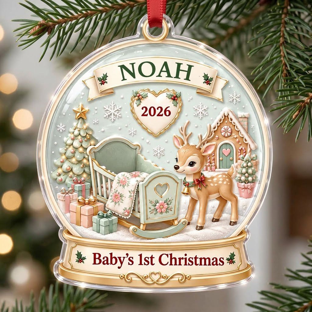 Acrylic snowglobe ornament with Baby's 1st Christmas, fawn with red bow, cradle, tree, gifts and gingerbread house