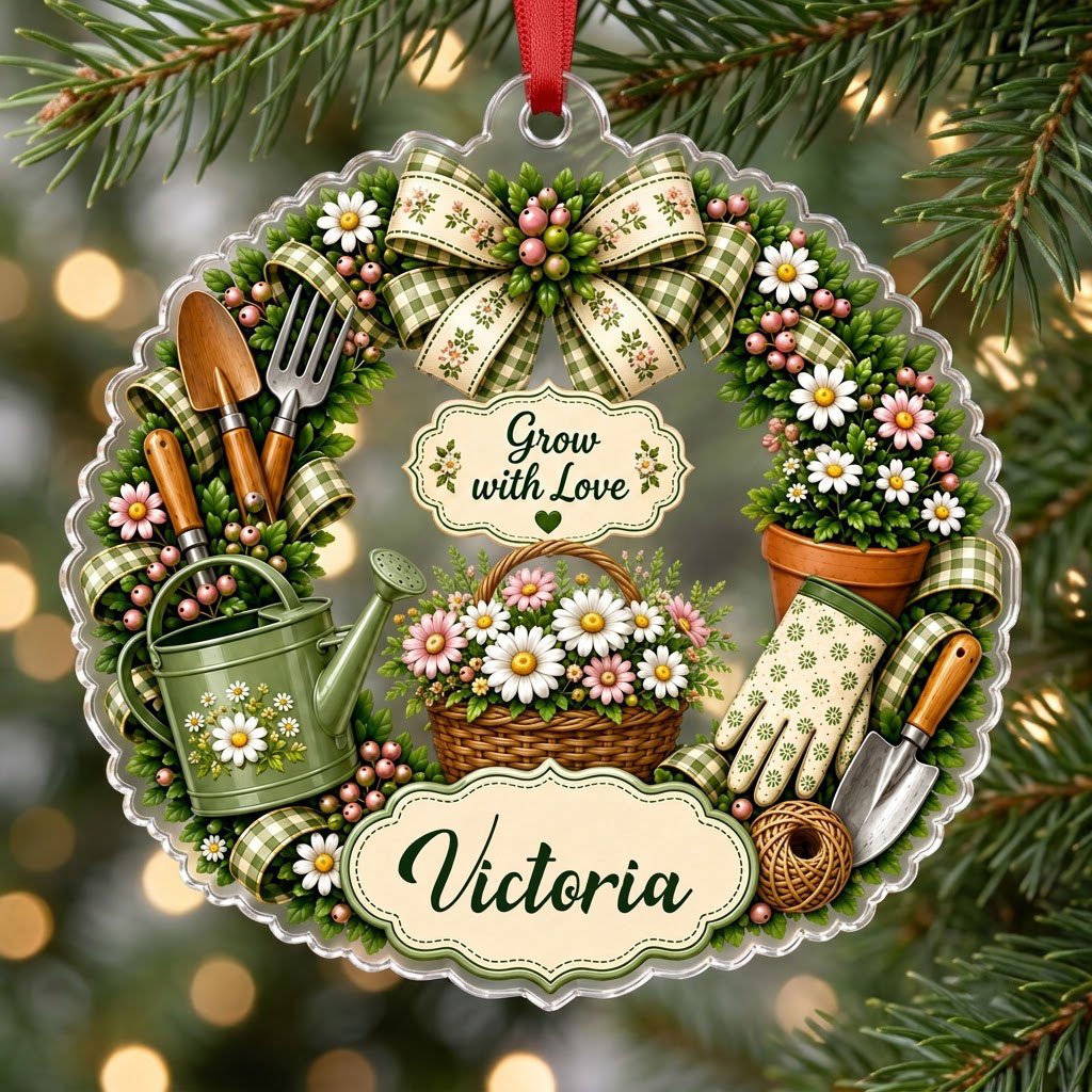 Scalloped acrylic ornament with a floral gardening wreath, tools, and "Grow with Love" plus a personalized name.