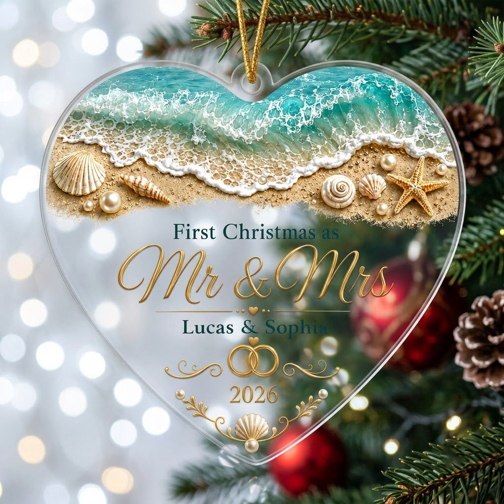 Personalized Beach Ocean First Christmas as Mr & Mrs Heart Acrylic Ornament, Custom Destination Wedding Keepsake