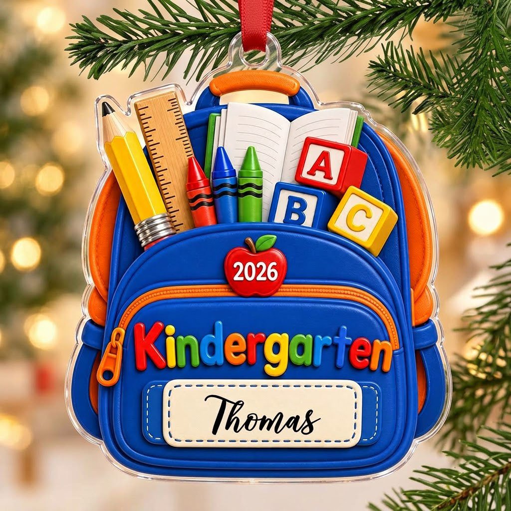 Acrylic ornament cut as a blue and orange school backpack with ABC blocks, 2026, Kindergarten, and a personalized name l
