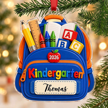 Acrylic ornament cut as a blue and orange school backpack with ABC blocks, 2026, Kindergarten, and a personalized name l