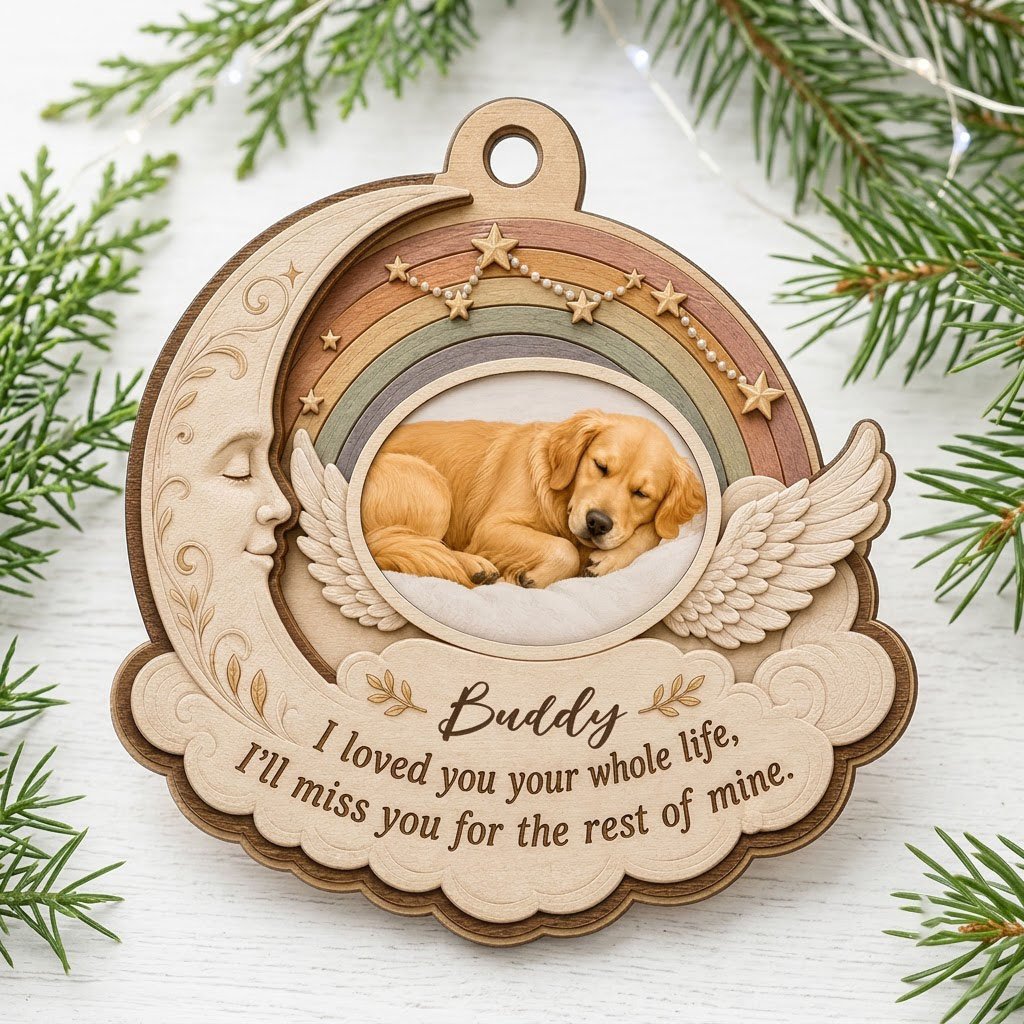 Wood ornament with crescent moon, angel wings, rainbow, and a sleeping dog photo above a cloud plaque.