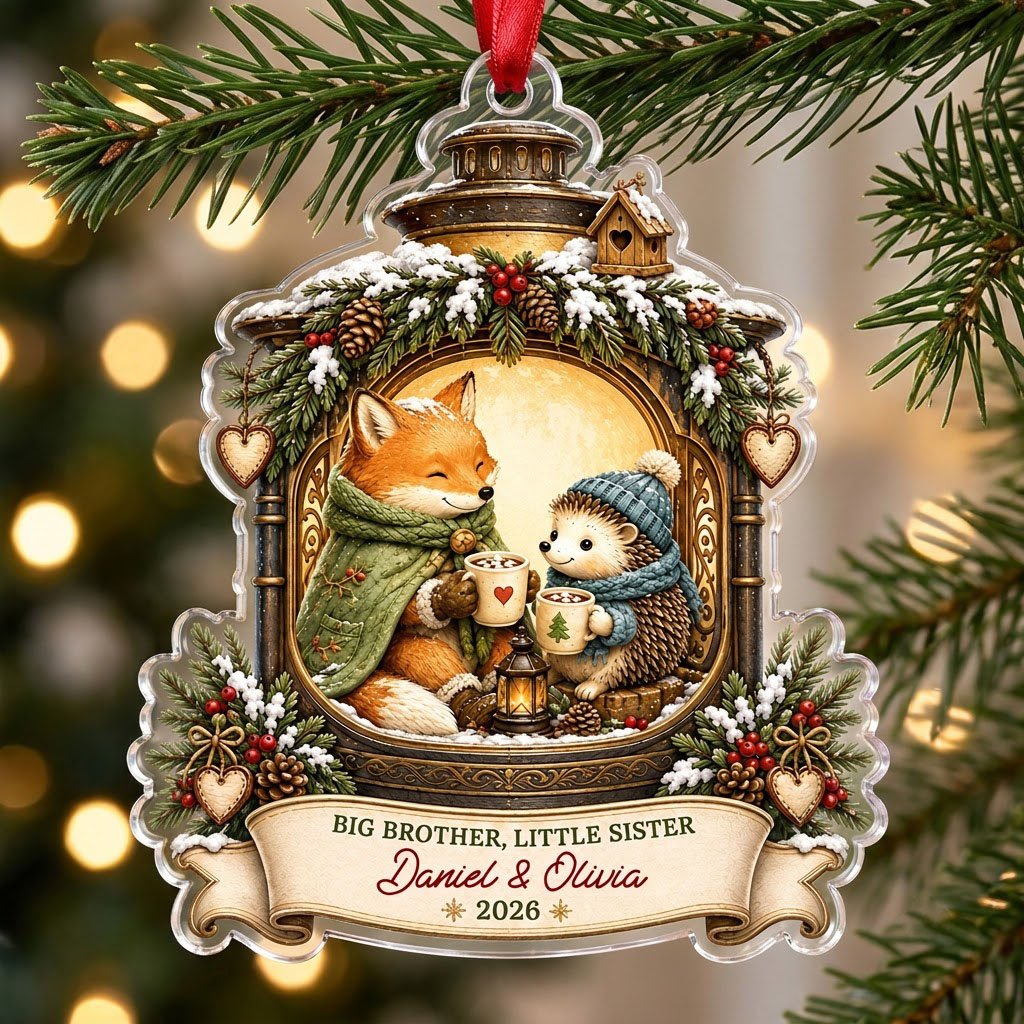 Acrylic ornament with lantern frame, fox and hedgehog with cocoa, 'BIG BROTHER, LITTLE SISTER', and names with year.