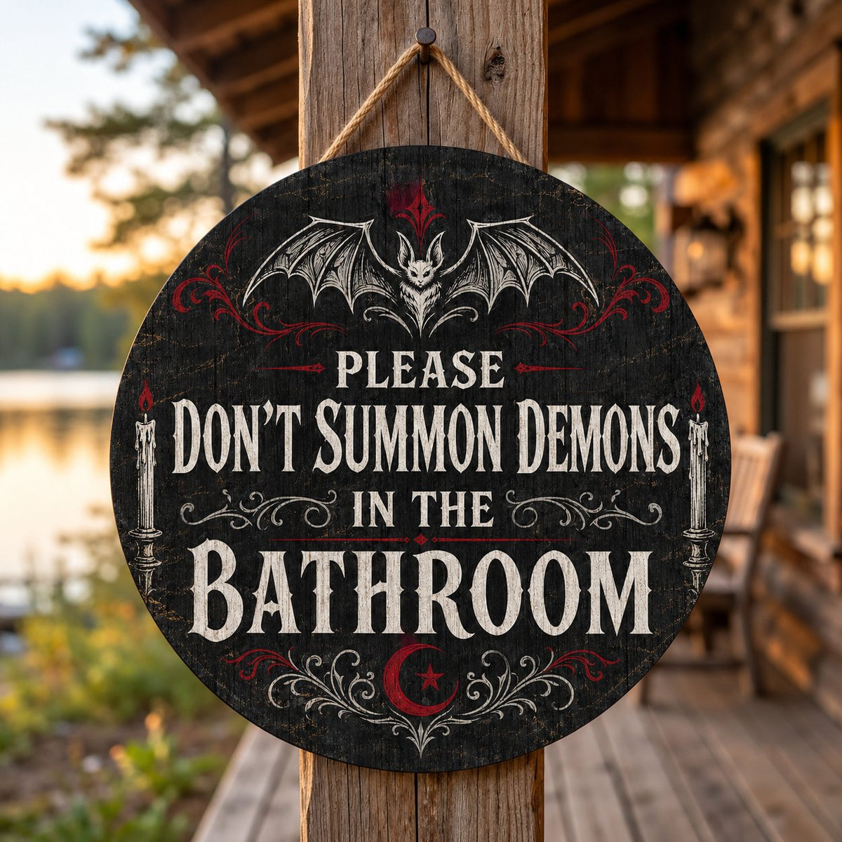 Round wooden sign with bat, filigree, candles and a crescent moon reading PLEASE DON'T SUMMON DEMONS IN THE BATHROOM.
