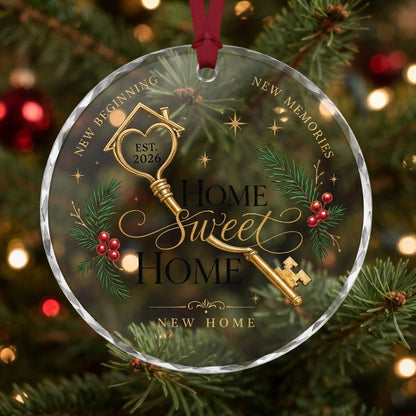Personalized Home Sweet Home Golden Key Round Glass Ornament