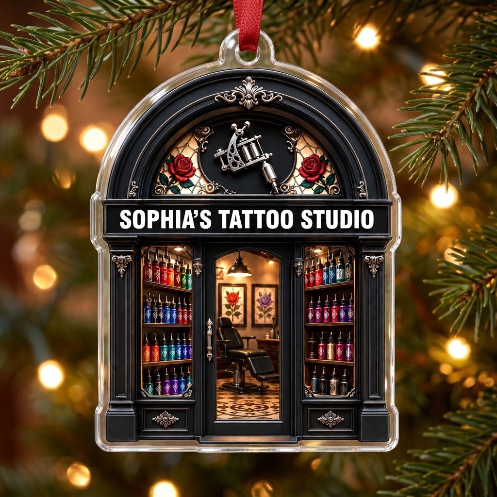 Arched black storefront tattoo ornament with silver machine, stained-glass roses, ink bottles, and a 'TATTOO STUDIO' sig