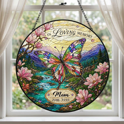 Personalized Butterfly Magnolia Mountain Landscape In Loving Memory Stained Glass Round Suncatcher
