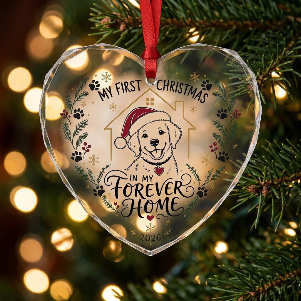 My First Christmas in My Forever Home Puppy Dog Heart Glass Ornament