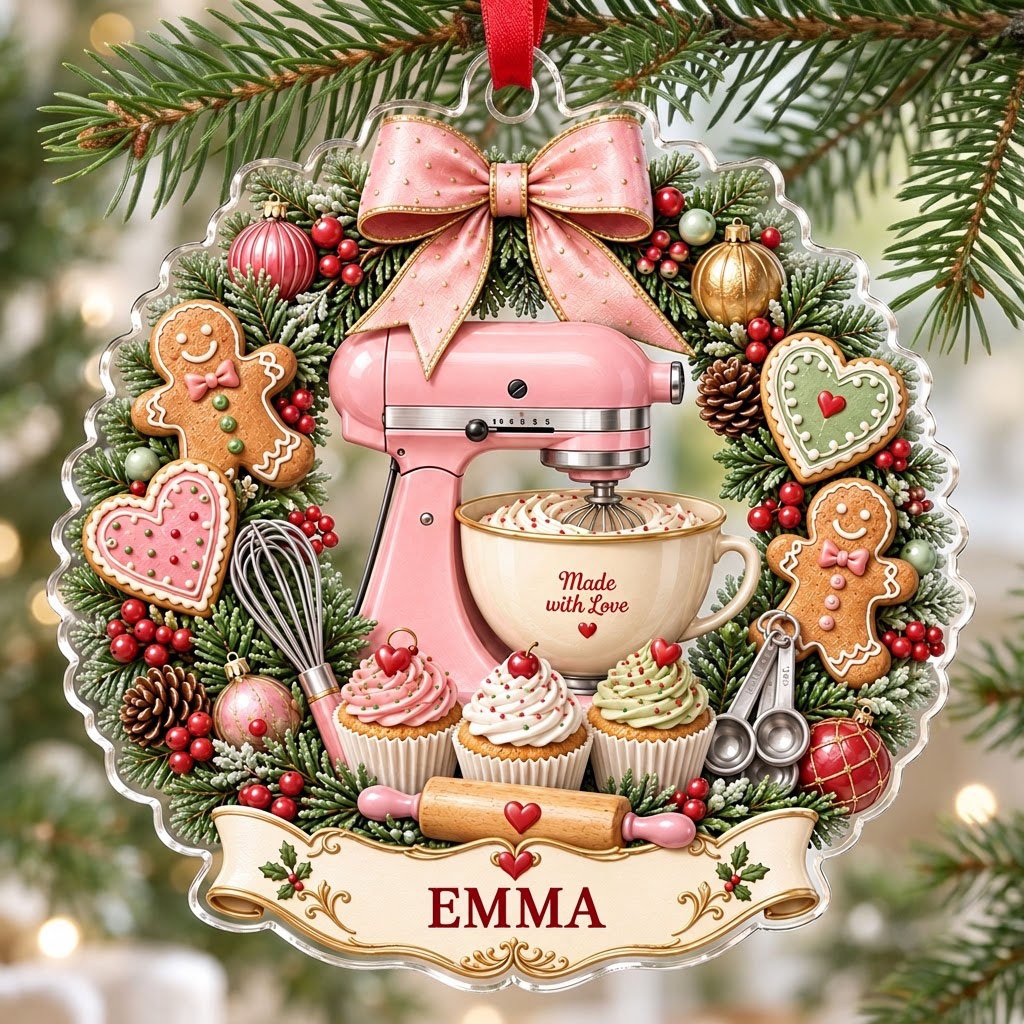 Scalloped clear acrylic ornament with a pink mixer in a Christmas baking wreath and a Made with Love banner.