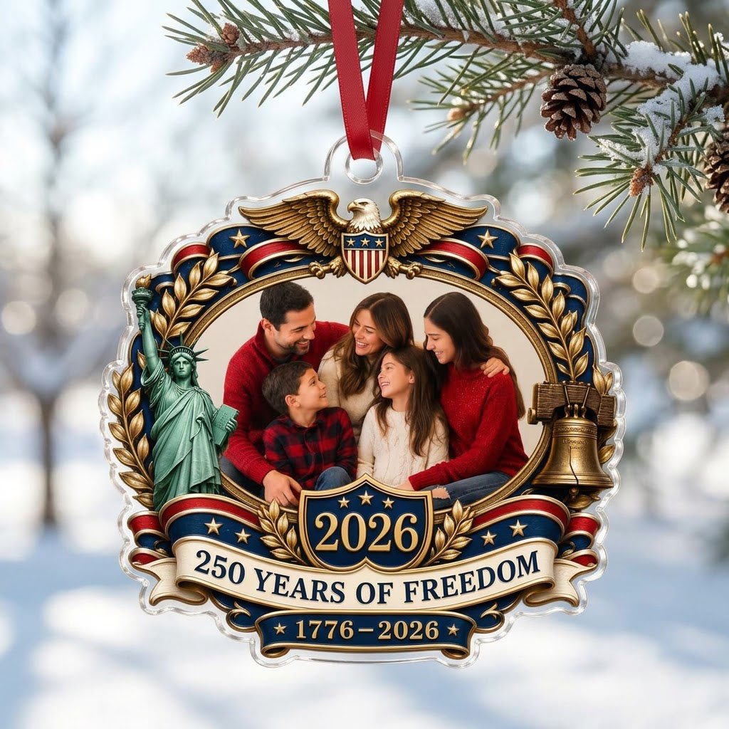 Ornate scalloped acrylic ornament with eagle, Statue of Liberty, Liberty Bell and an oval family photo frame.