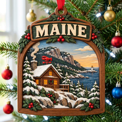 Arch-shaped wood ornament with "MAINE", snowy log cabin, pine trees, ocean lighthouse, and holly accents.