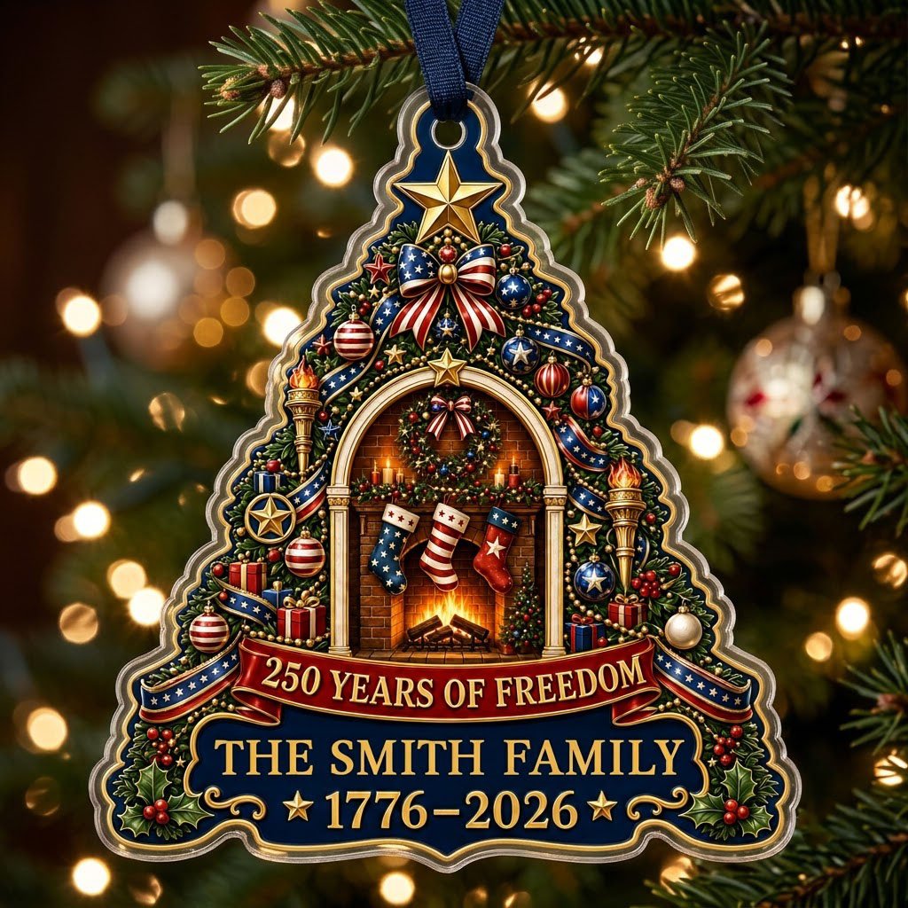 Personalized America 250th Tree Fireplace Acrylic Ornament, Custom Patriotic Holiday Keepsake