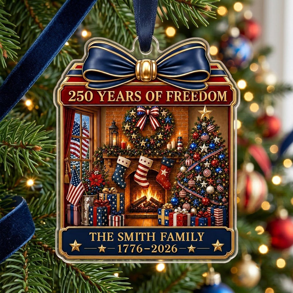 Personalized America 250th Christmas Fireplace Acrylic Ornament