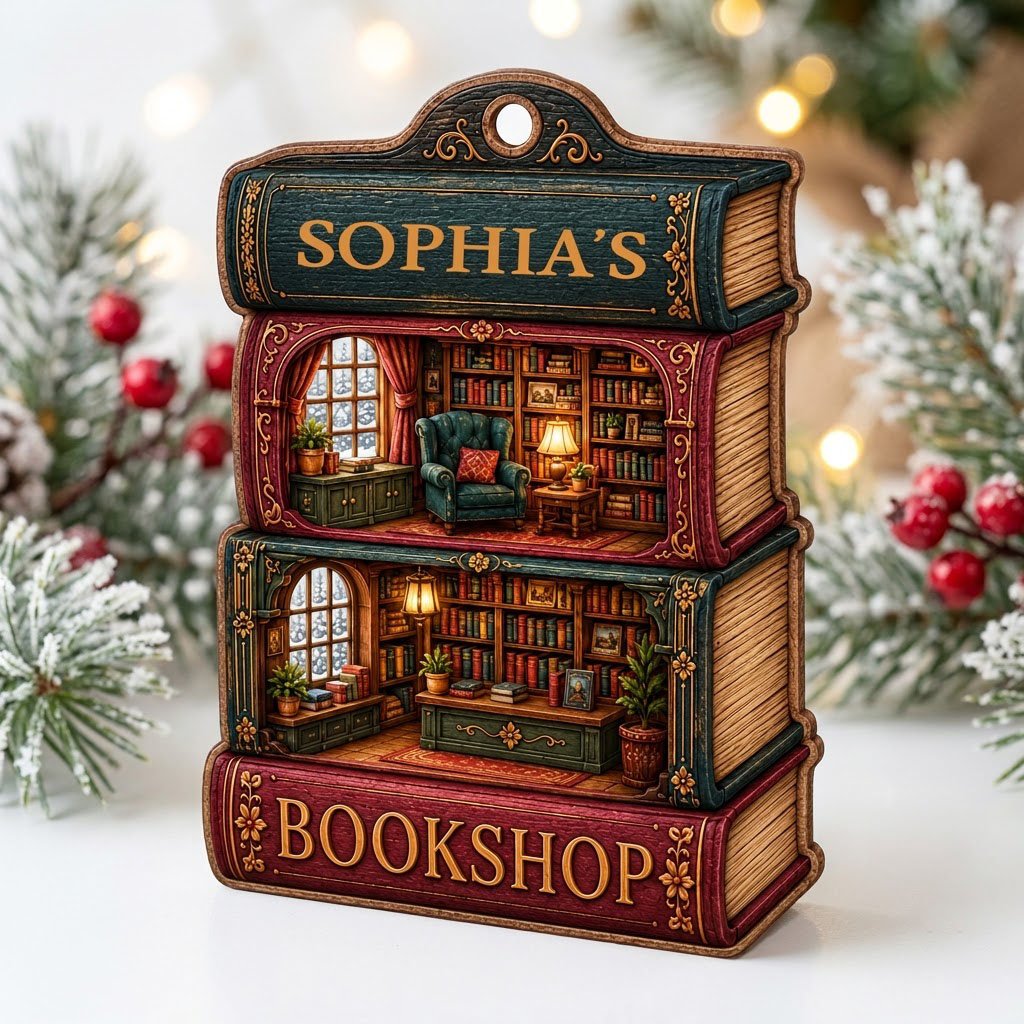 Custom-cut ornament of stacked books showing cozy bookshop rooms, BOOKSHOP text, and a personalized name.