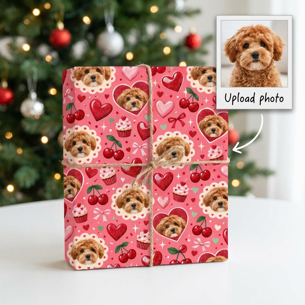 Pink gift wrap with light brown puppy faces, hearts, cherries, cupcakes, bows and sparkles in a repeating pattern