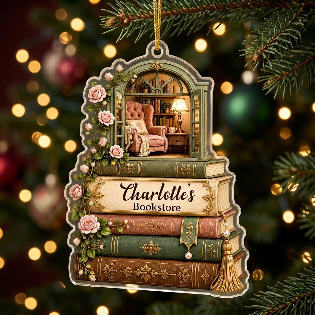 Personalized Stack of Books Reading Nook Acrylic Ornament, Custom Book Lover Keepsake