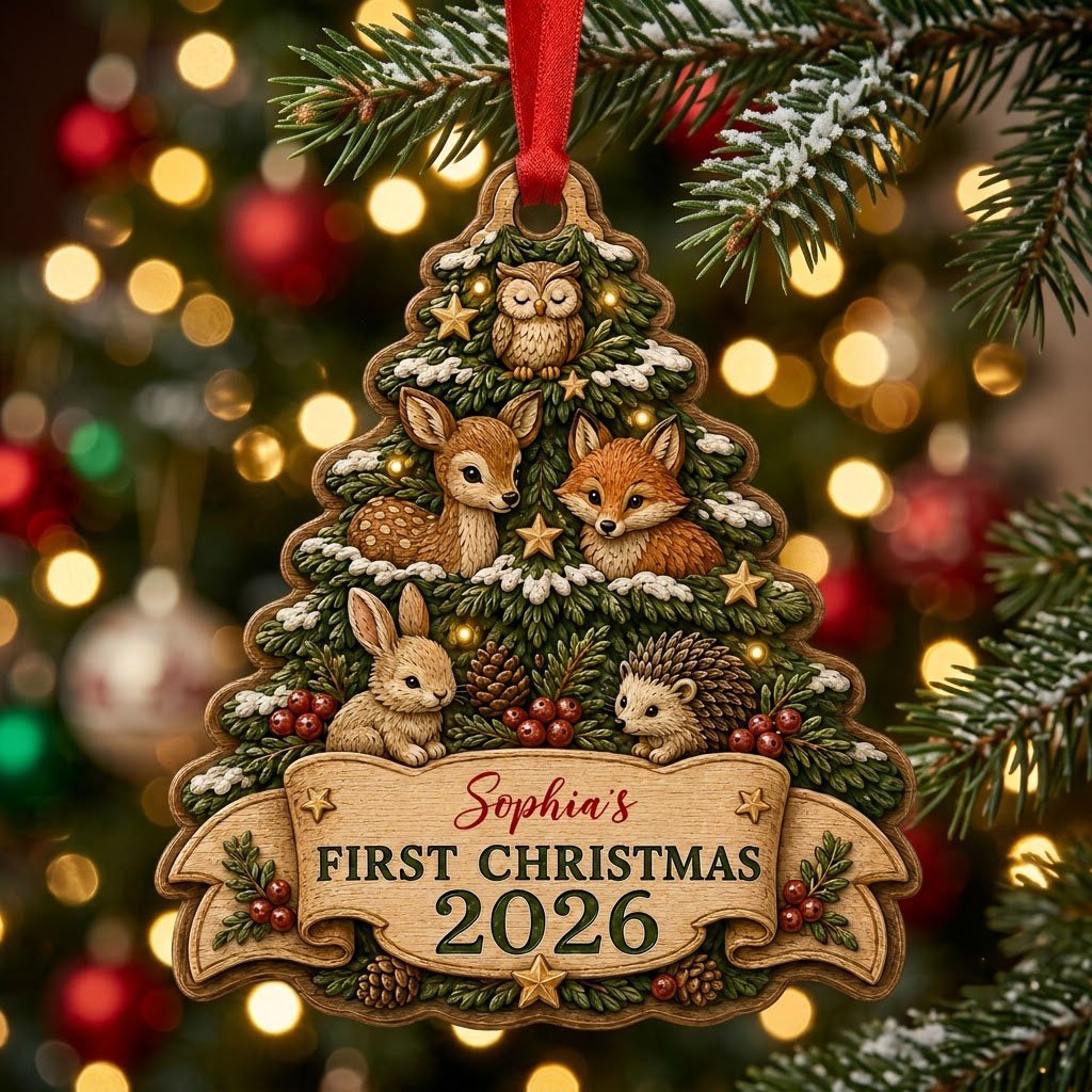 Personalized Woodland Animals Tree Baby's First Christmas Wood Ornament