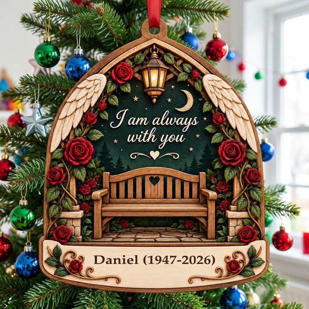 Arch-shaped wood ornament with bench, red roses, angel wings, lantern, and "I am always with you" quote.
