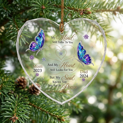 Heart glass ornament with two stained-glass butterflies, dotted heart trails, snowflakes, and a memorial quote.