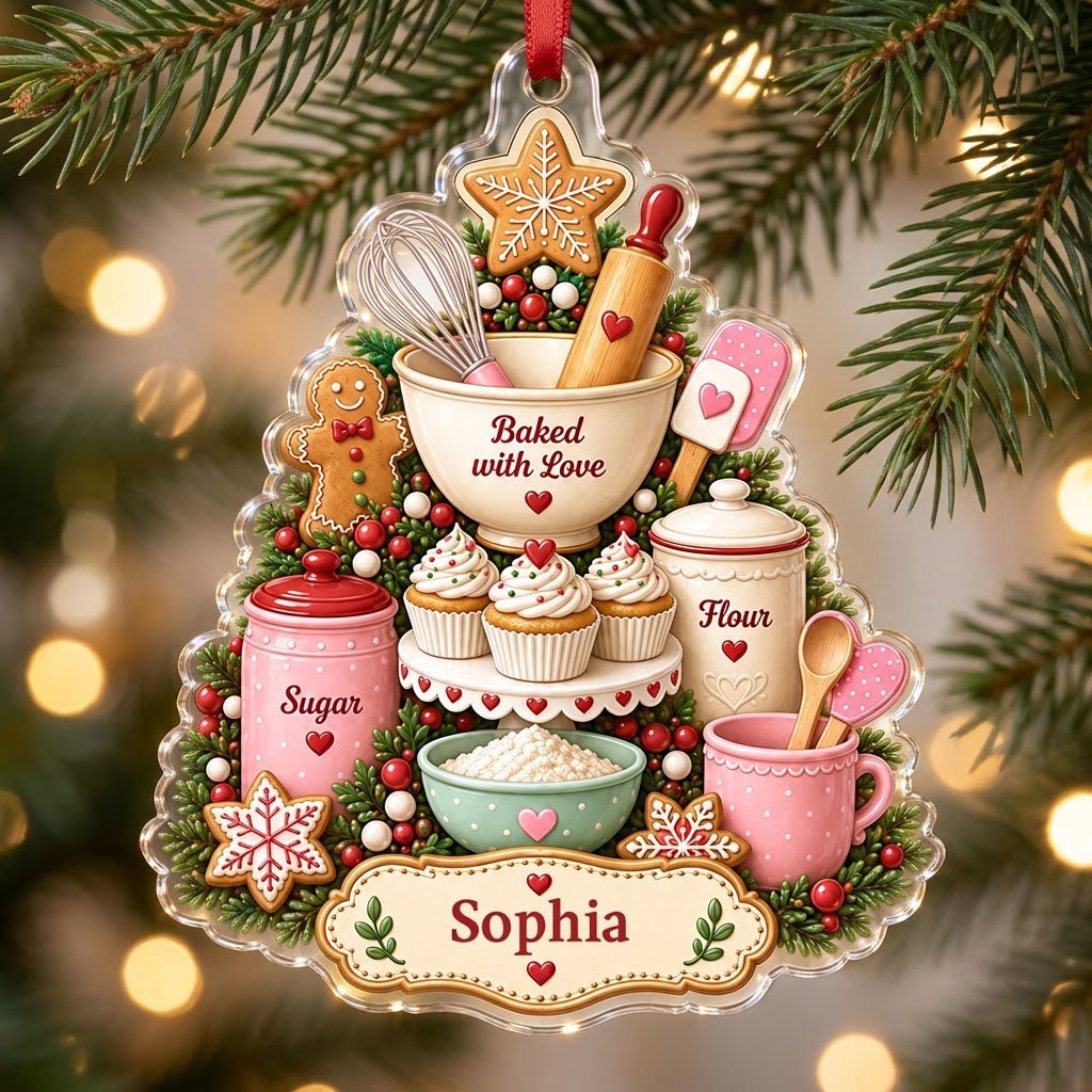 Baking-themed tree acrylic ornament with gingerbread star, cupcakes, utensils, and a name banner.