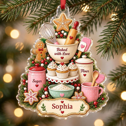 Baking-themed tree acrylic ornament with gingerbread star, cupcakes, utensils, and a name banner.