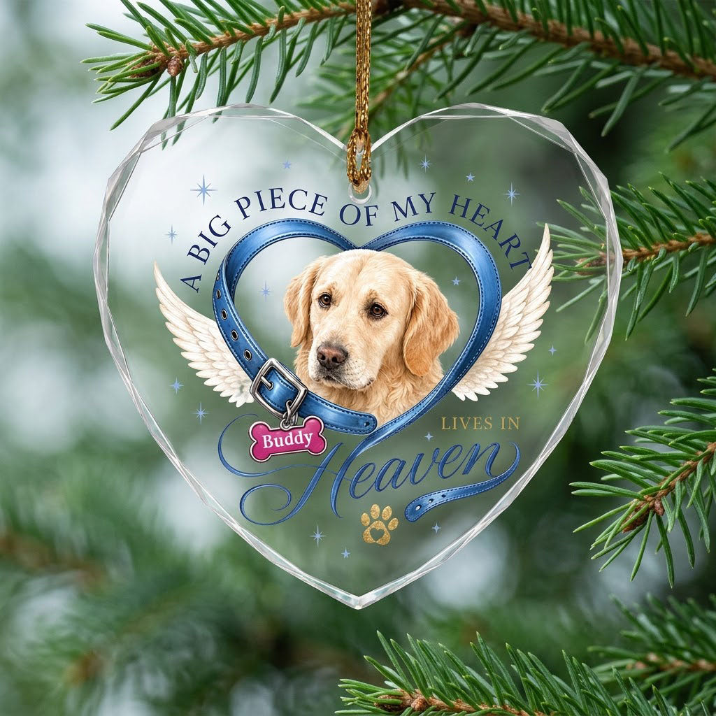 Personalized Dog Memorial Photo Collar Angel Wings Heart Glass Ornament