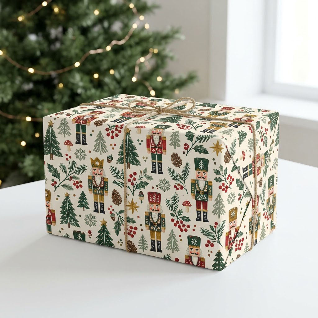 Vintage nutcracker wrapping paper with pine trees, pinecones, berries, gold stars and mushrooms on cream.