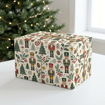 Vintage nutcracker wrapping paper with pine trees, pinecones, berries, gold stars and mushrooms on cream.