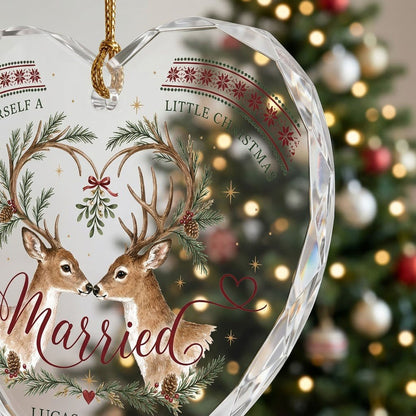 Personalized Married Deer Mistletoe Heart Glass Ornament