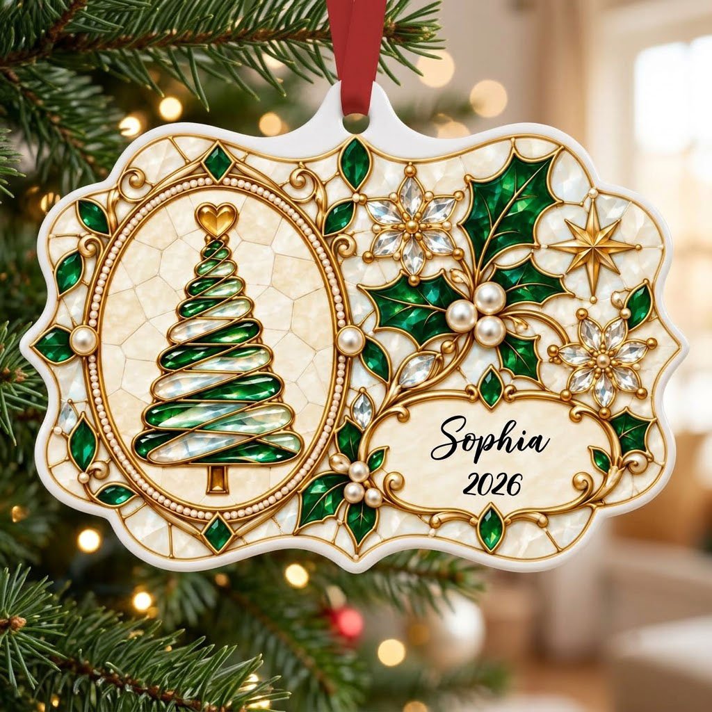 Scalloped ceramic ornament with emerald swirl tree, gold filigree, pearl accents, and a name-and-year cartouche.
