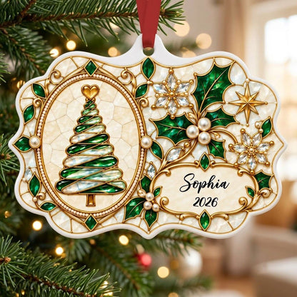 Scalloped ceramic ornament with emerald swirl tree, gold filigree, pearl accents, and a name-and-year cartouche.