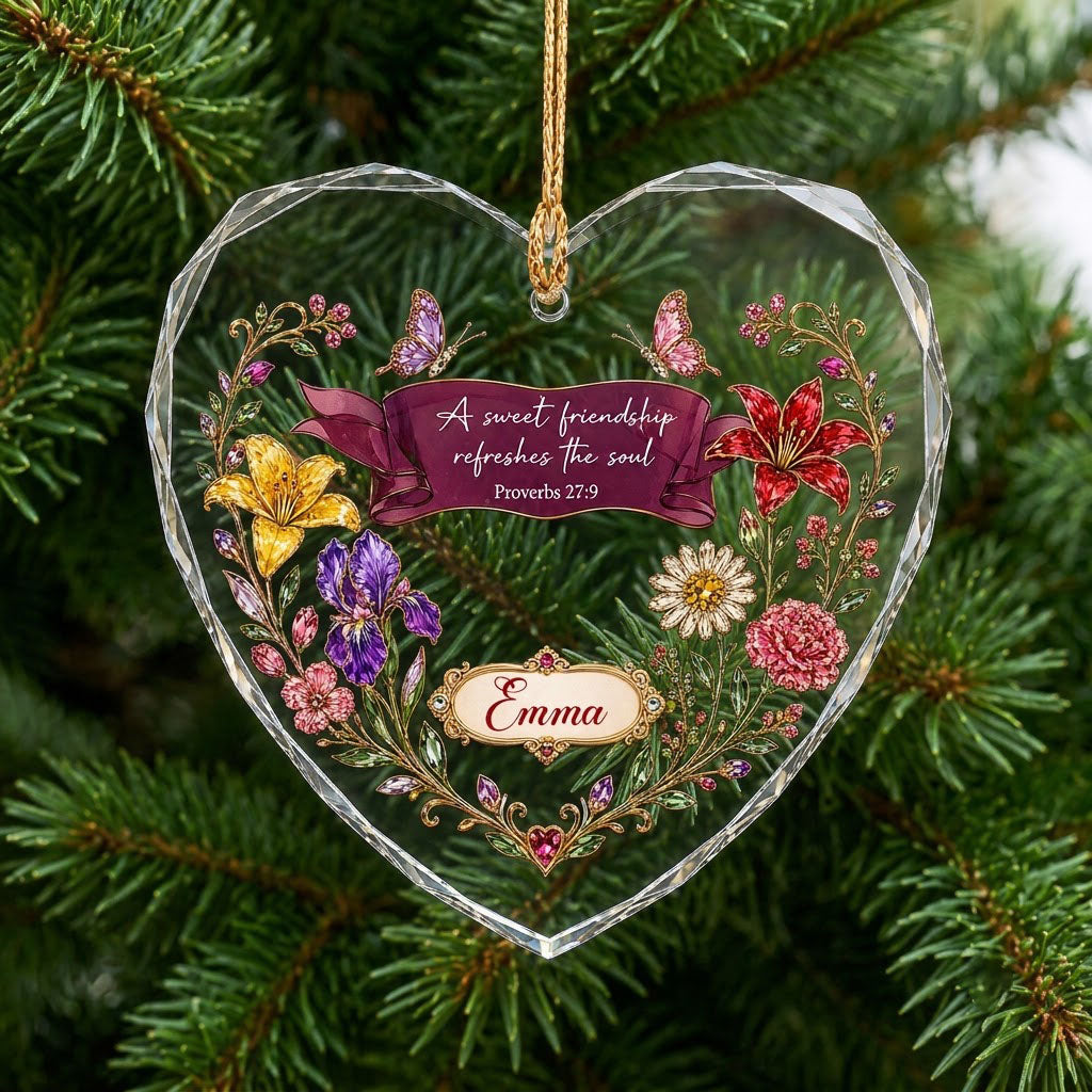 Heart stained glass suncatcher with floral wreath, burgundy banner, two jeweled butterflies, and the verse Proverbs 27:9