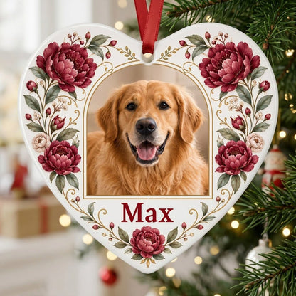 Heart ceramic ornament with red peonies, green leaves, gold flourishes, and a gold arched frame holding a dog photo.