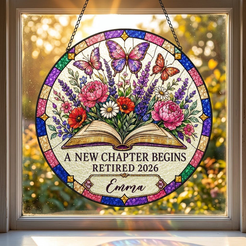 Personalized Retirement Open Book & Butterflies A New Chapter Begins Stained Glass Round Suncatcher
