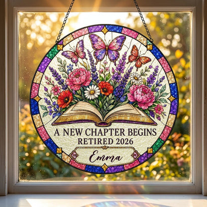 Personalized Retirement Open Book & Butterflies A New Chapter Begins Stained Glass Round Suncatcher