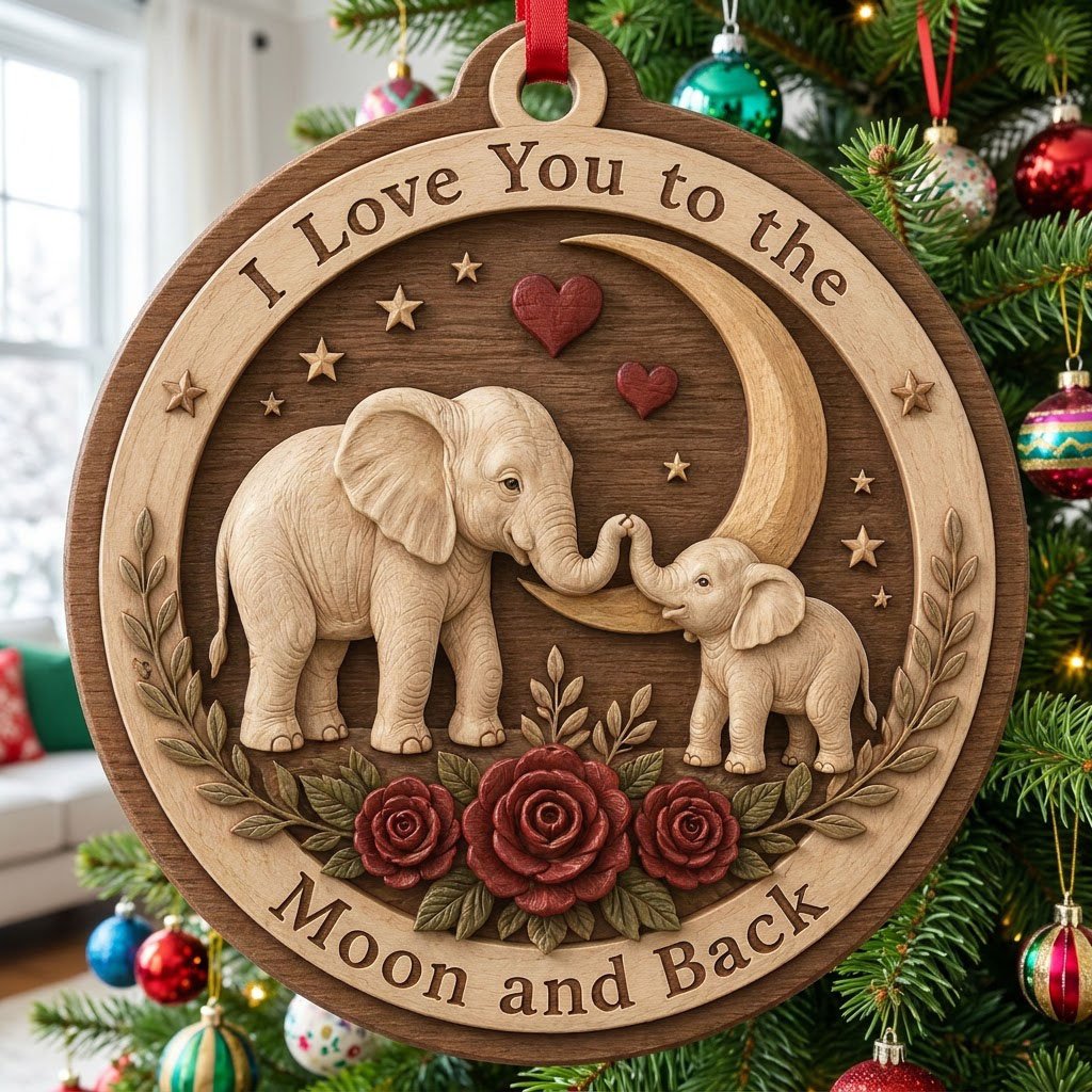 Round wood ornament with adult and baby elephants touching trunks under a crescent moon, red hearts, stars, and roses