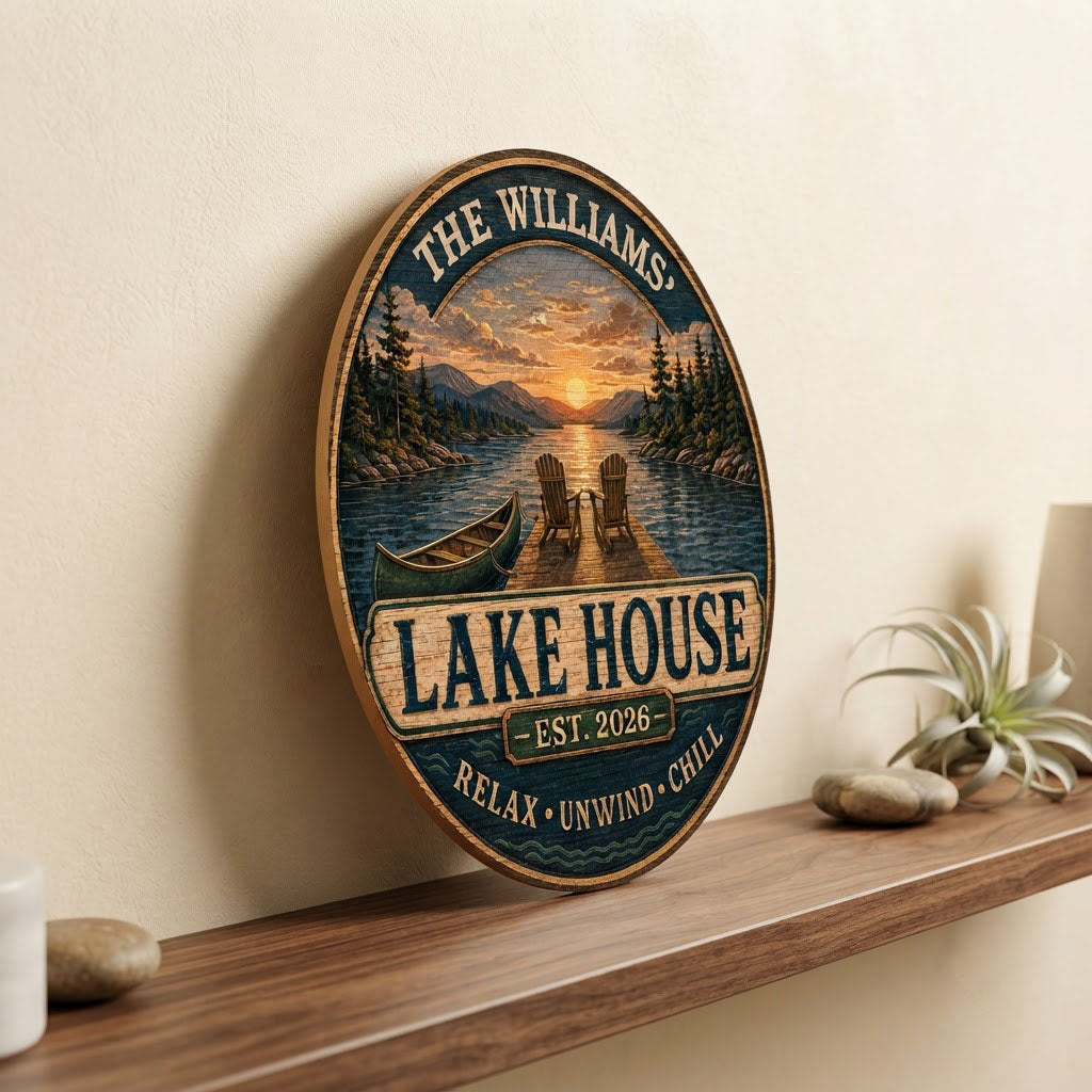 Round wooden sign with lake sunset, two Adirondack chairs on a dock, green canoe, and navy border with wave motifs.