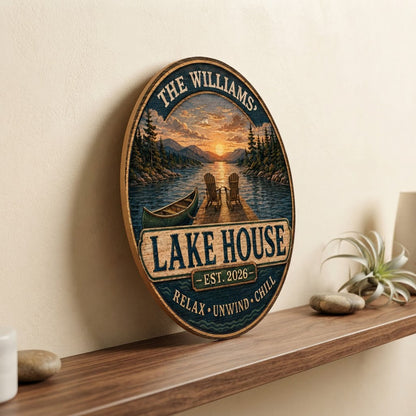 Round wooden sign with lake sunset, two Adirondack chairs on a dock, green canoe, and navy border with wave motifs.