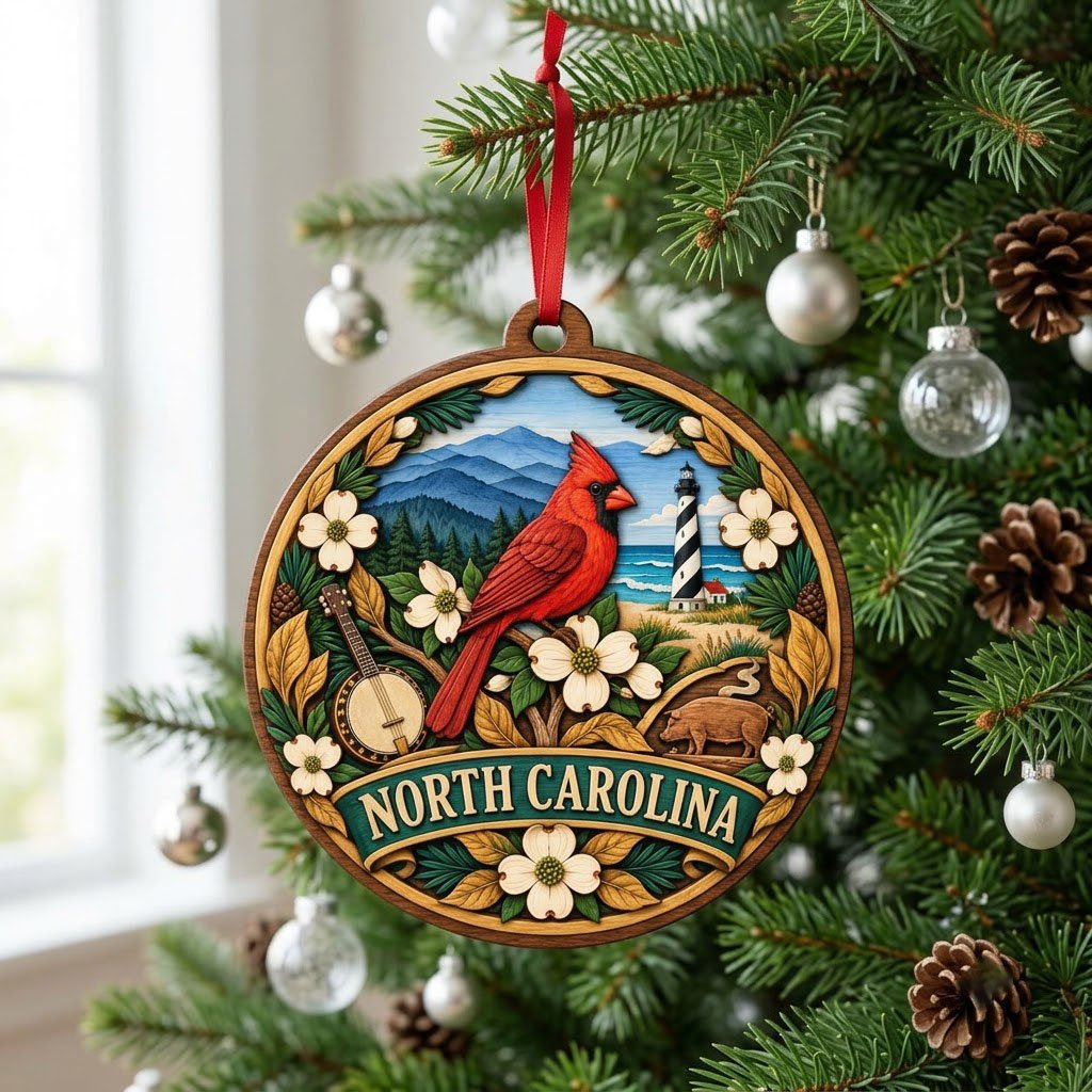 Round ornament with red cardinal, dogwood flowers, mountains, lighthouse, banjo, and 'NORTH CAROLINA' text.