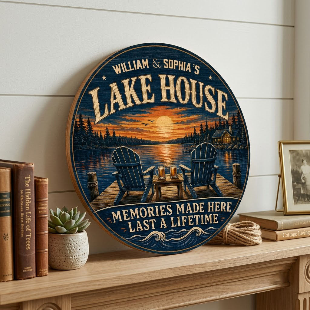 Personalized Lake House Sunset Dock Wooden Hanging Sign
