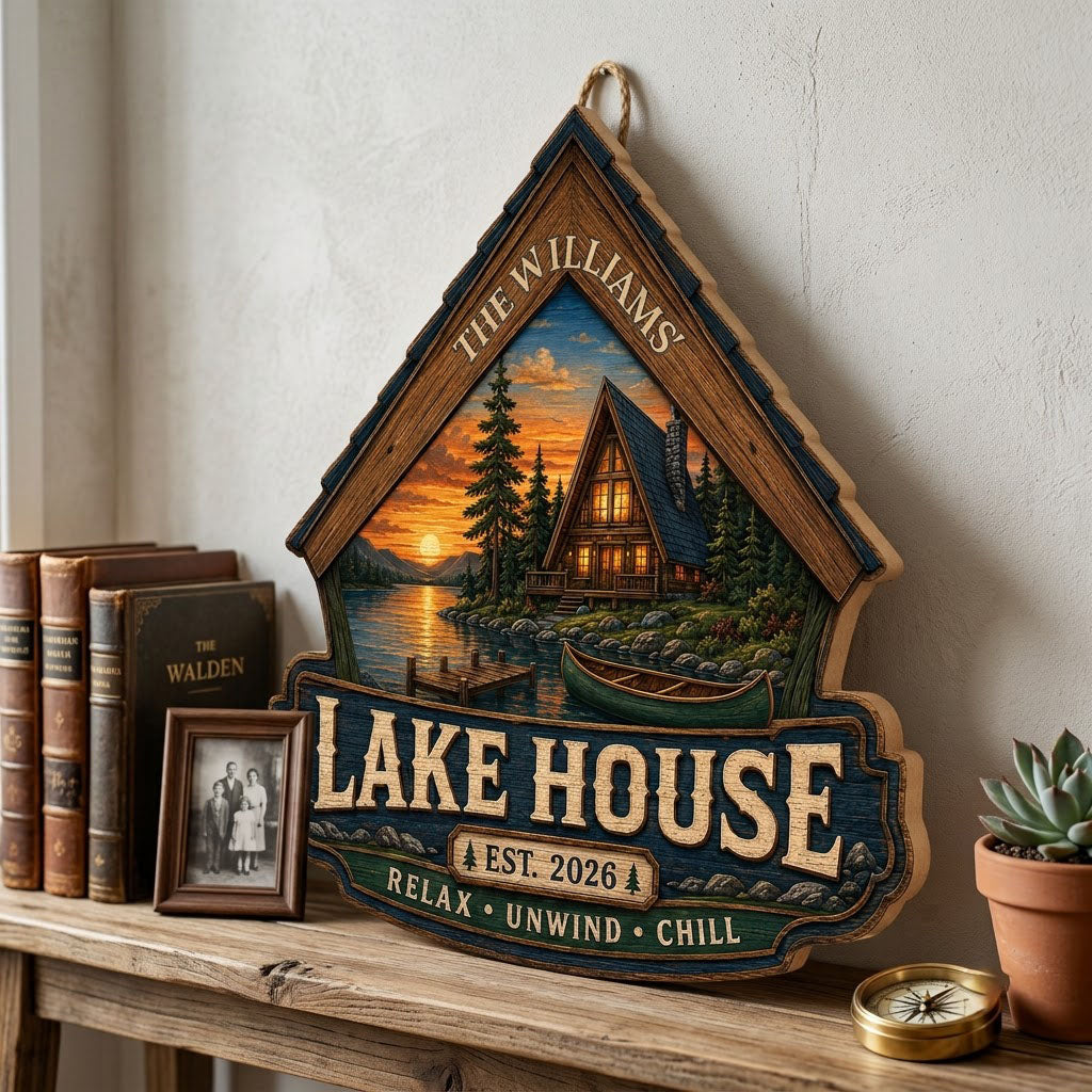 Personalized Lake House Cabin Sunset Wooden Hanging Sign
